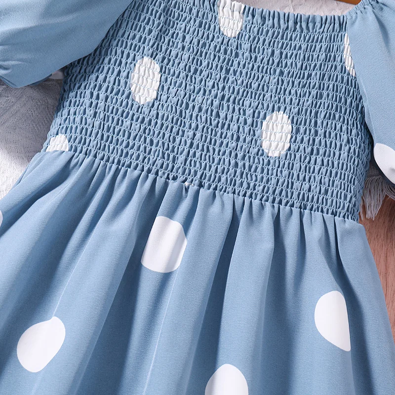 Kids Dress For Girls 8-12 Years Blue Shirred-Bodice Lantern Sleeves Polka Dot Dress Korean Leisure Daily Girls Dress