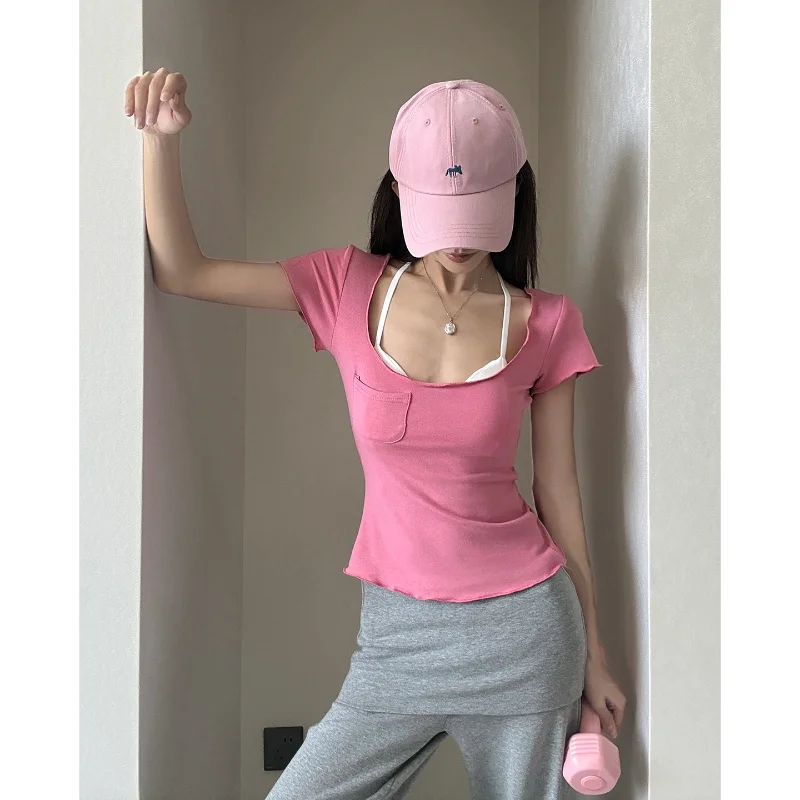 Pure Desire Milk Skin Mask T-Shirt U-Neck Slimming Short Sleeve Lock  Shoulder T-Shirt Daily Wear Polyester Fiber