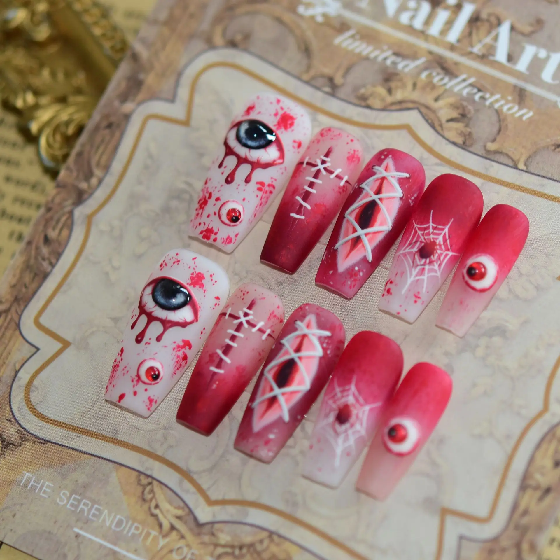 10pcs Halloween Horror Handmade Press On Nails Bloody Eyeball Stitched Wound Spider Web Blood Splatter Fake Nail for Women