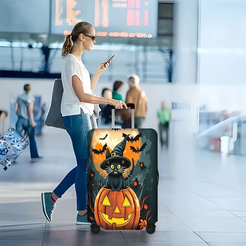 1PC Halloween-themed Cat and Pumpkin Print Luggage Cover for 18-32 inch luggage; Dust and elastic travel accessories to effectiv
