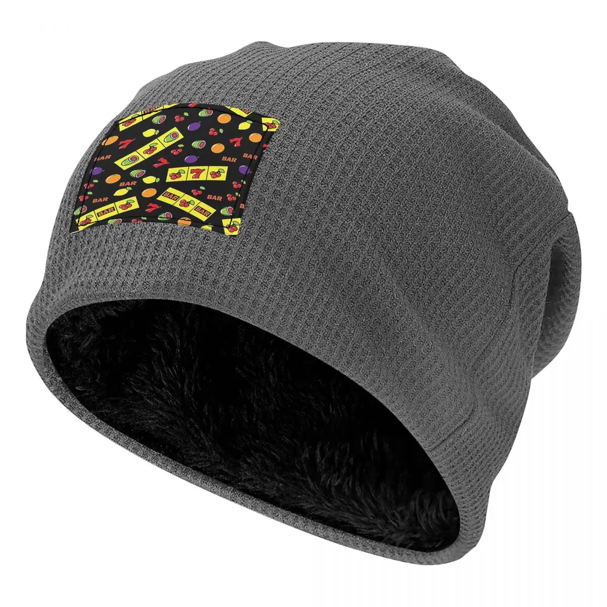 Casino Lucky Slots Cherry Melon Lemon Fruit Waffle Knit Fleece Lined Beanie with PU Leather Patch Unisex Warm Winter Soft Cap