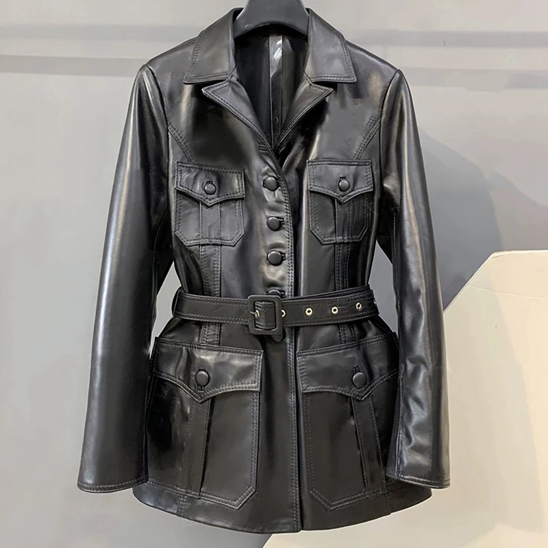 

Короткие тренчи из 100% натуральной кожи: модные женские классические однобортные куртки в британском стиле с карманами, приталенные, из овчины