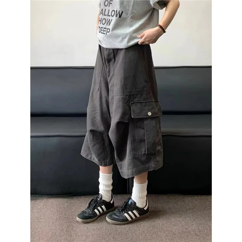 Men's Workwear Shorts Large Pockets Cargo Pants Streetwear Summer Korean Fashion Paratrooper Pants Wide Leg Seven Trousers Men