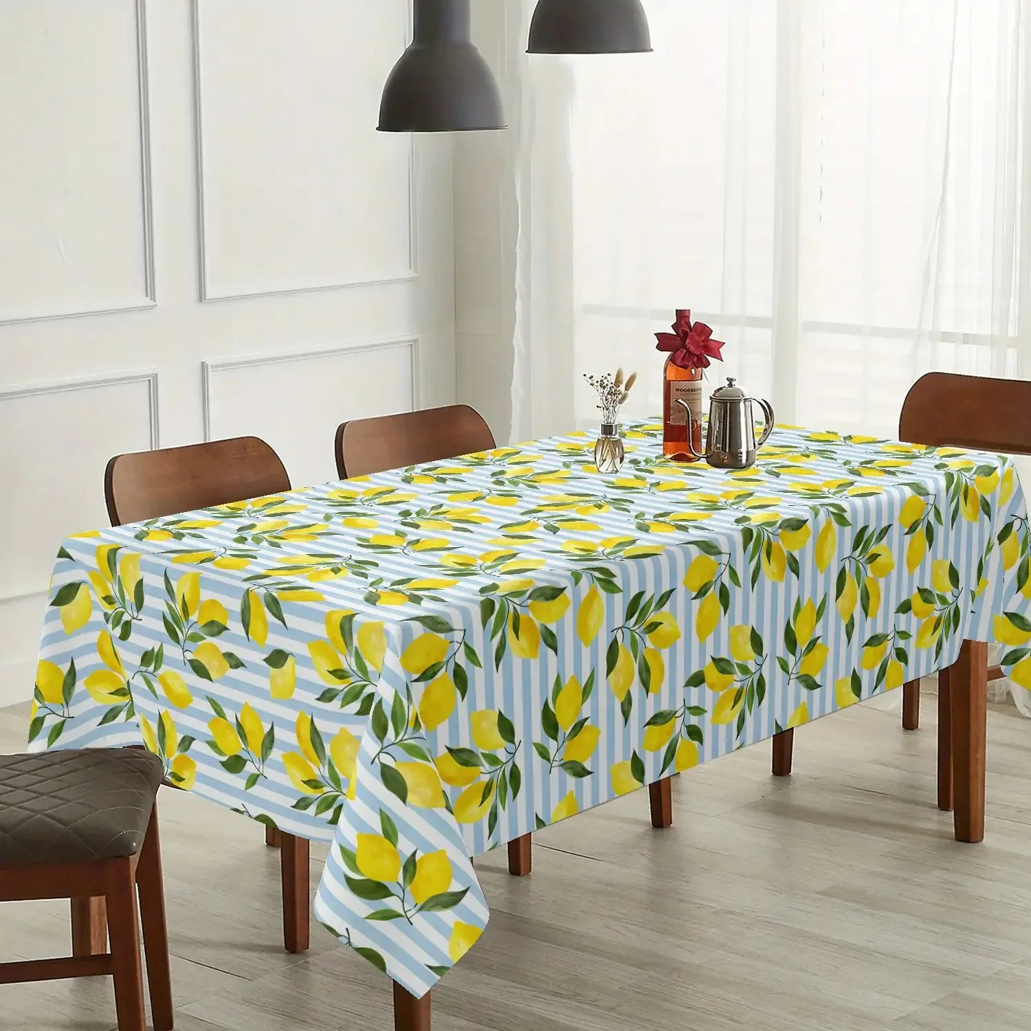 1pc Lemon Fruit Blue Striped Tablecloth - Summer Rectangular Polyester Tablecloth with Bright Lemon Slices And Blue Stripes, Mac