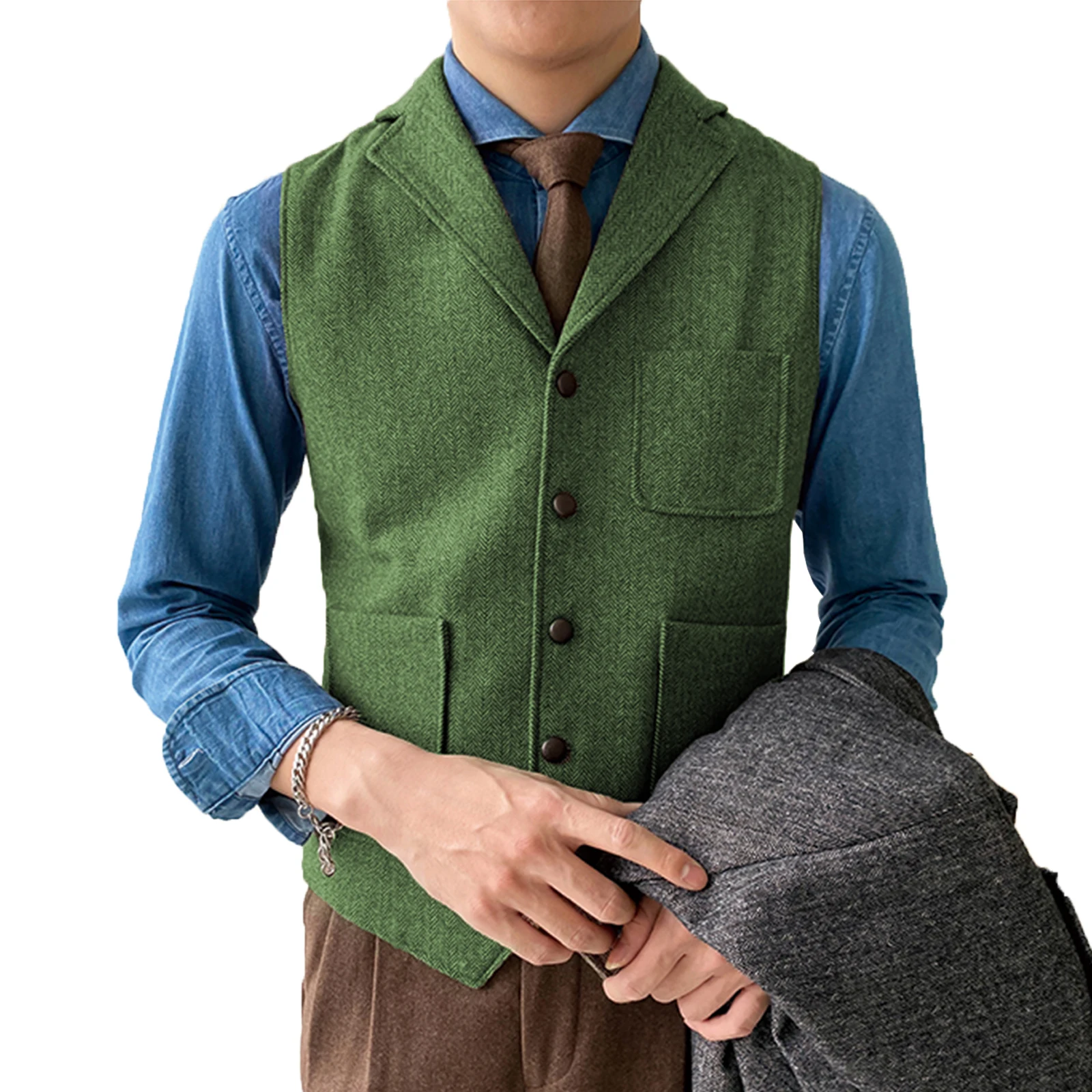 V Neck Men\'s Suit Vest Herringbone Tweed Waistcoat Notch Lapel With 3 Pockets Business Formal Waistcoat  Groomsmen For Wedding