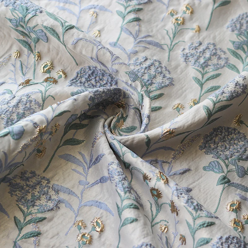 145cm Wide New Blue Dandelion Gold Thread Jacquard Fabric Oil Painting Relief 3D Embossed Elegant Dress Cloth F164