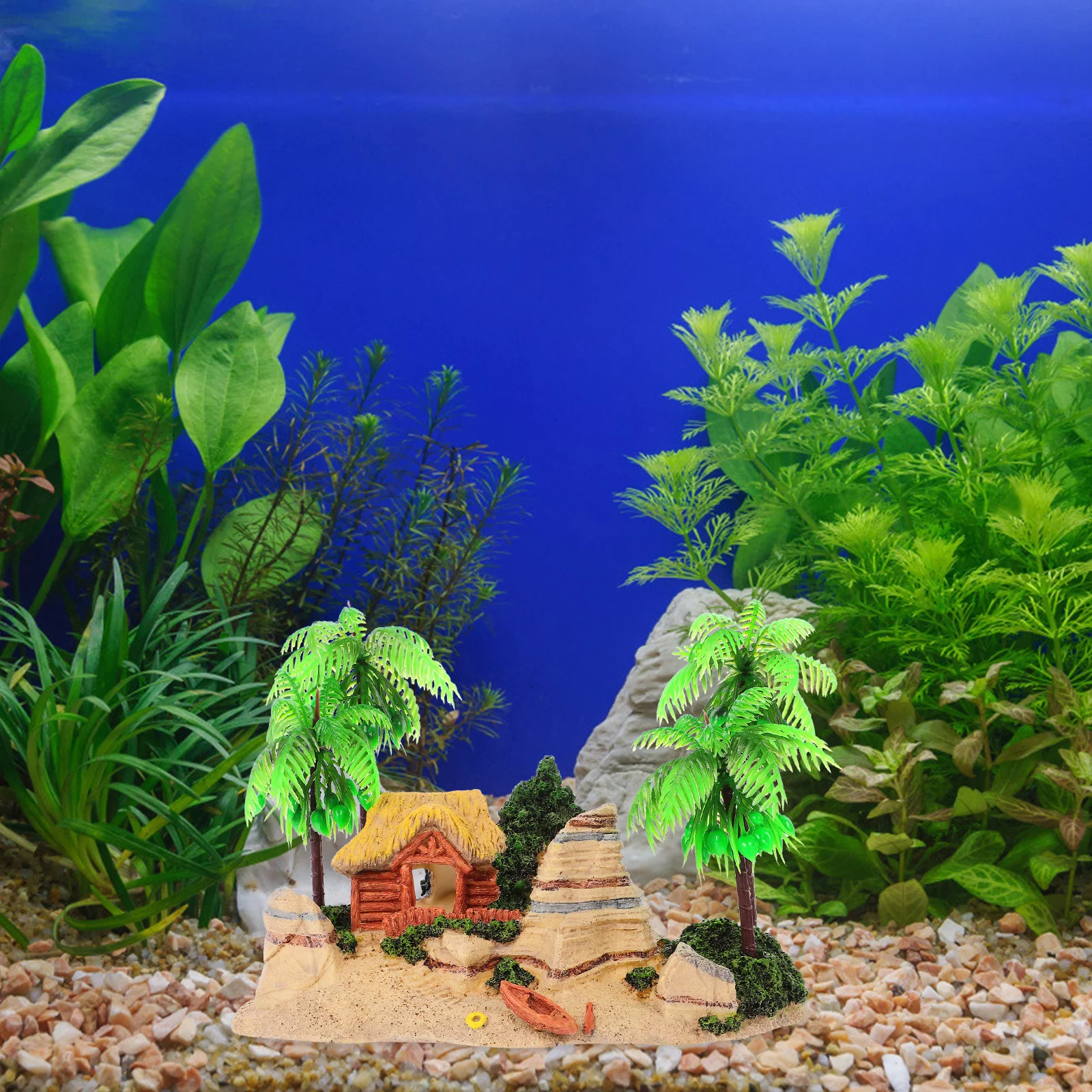 

1Pcs Resin Beach Rockery Aquarium Decor Creative Lifelike Coconut Tree Wooden Boat Scenery Fish Tank Ornament Home Office