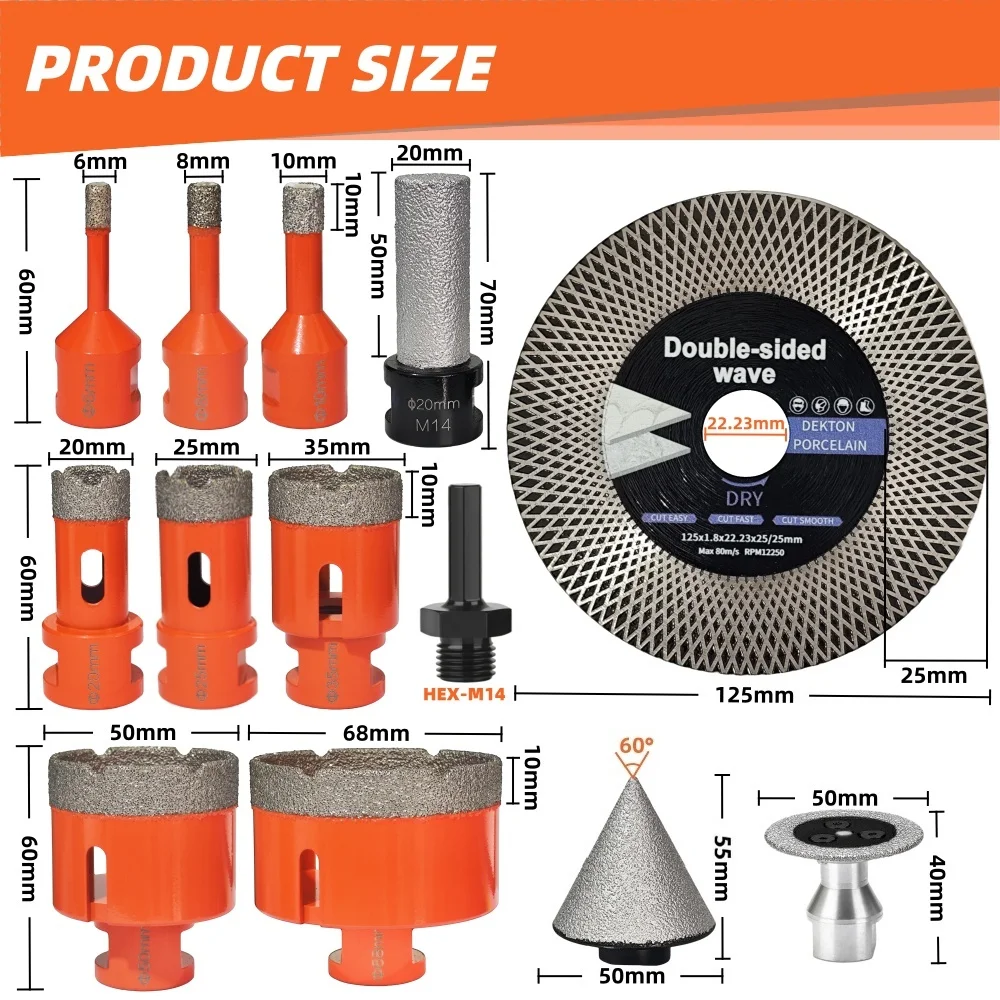 9/10/12pcs M14 Diamond Drill Bit Set for Ceramic Tile Granite Marble Cutting Disc Saw Blade Chamfer Bit 6-68mm Milling Bit Tools view 2