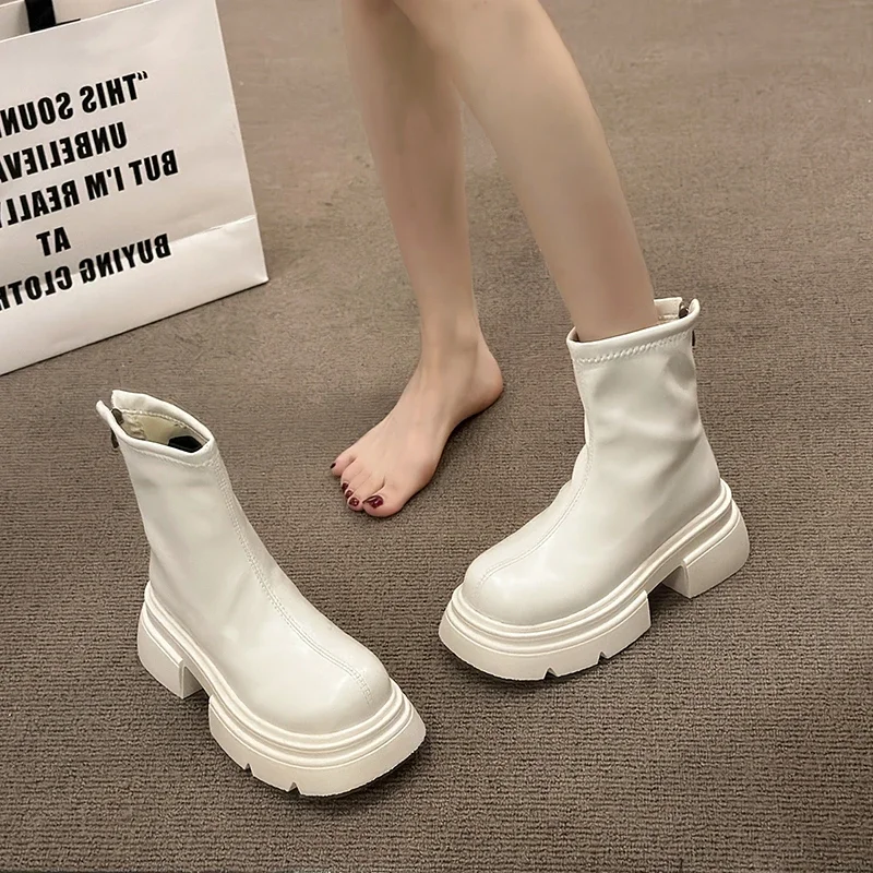 Bottes de rinçage épaisses pour femmes, fermeture à glissière arrière, talon à plateforme, chaussons courts, style de rue, chaussures pour femmes, mode, automne