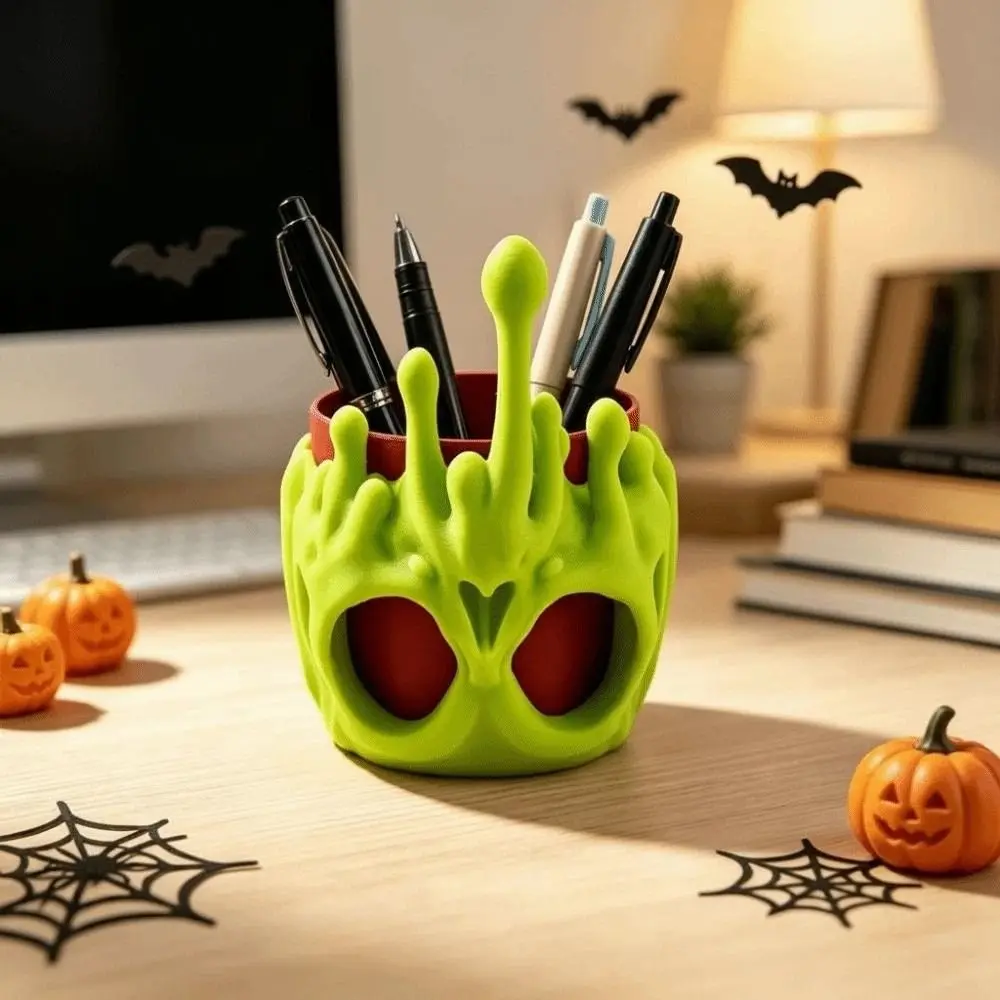 PLA Skull Pen Holder Luminous Green Halloween Desk Organizer Odorless Hollow Glow in Dark Stationery Office Decor
