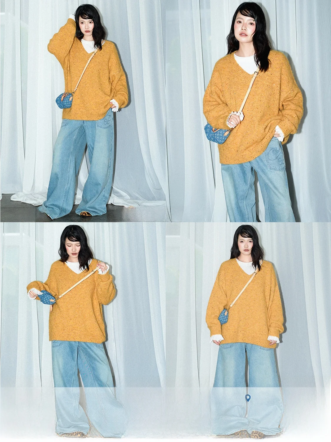 

Вязаный топ JINGU Premium с V-образным вырезом, блестками и длинными рукавами, свободного кроя, повседневный, универсальный, модный, с яркой этикеткой