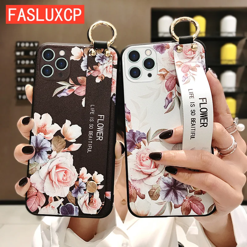 for iPhone 14 15 Pro Max Wrist Strap Case Luxury 3D Relief Camera Protect Soft Stand Cover for iPhone 13 12 11 Pro Max XR XS 7 8