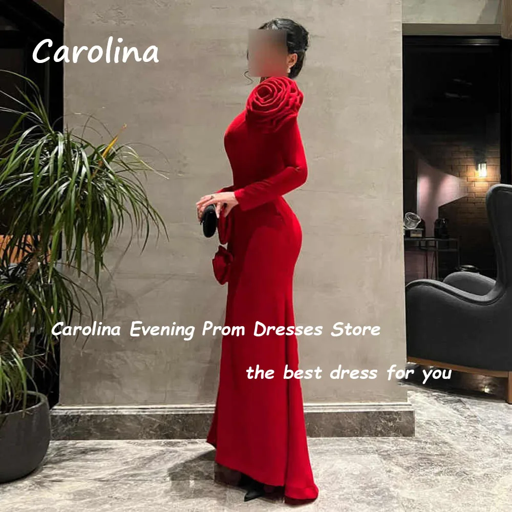 Carolina Red High Neck Long Sleeve Mermaid 2024 Slim 3D Flowerst Ocassion Gown Floor-Length Formal Evening Dress Party Dress