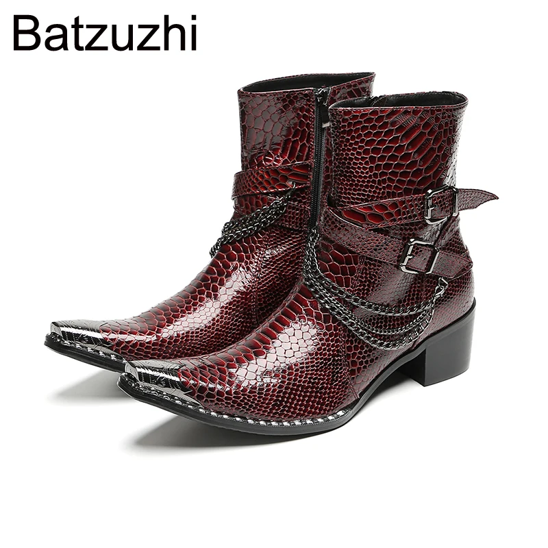 

Batzuzhi Fashion Knight Boots Man with Iron Toe Brown Croco Pattern Leather Ankle Boots for Man 6.5cm Heels Chians Buckles