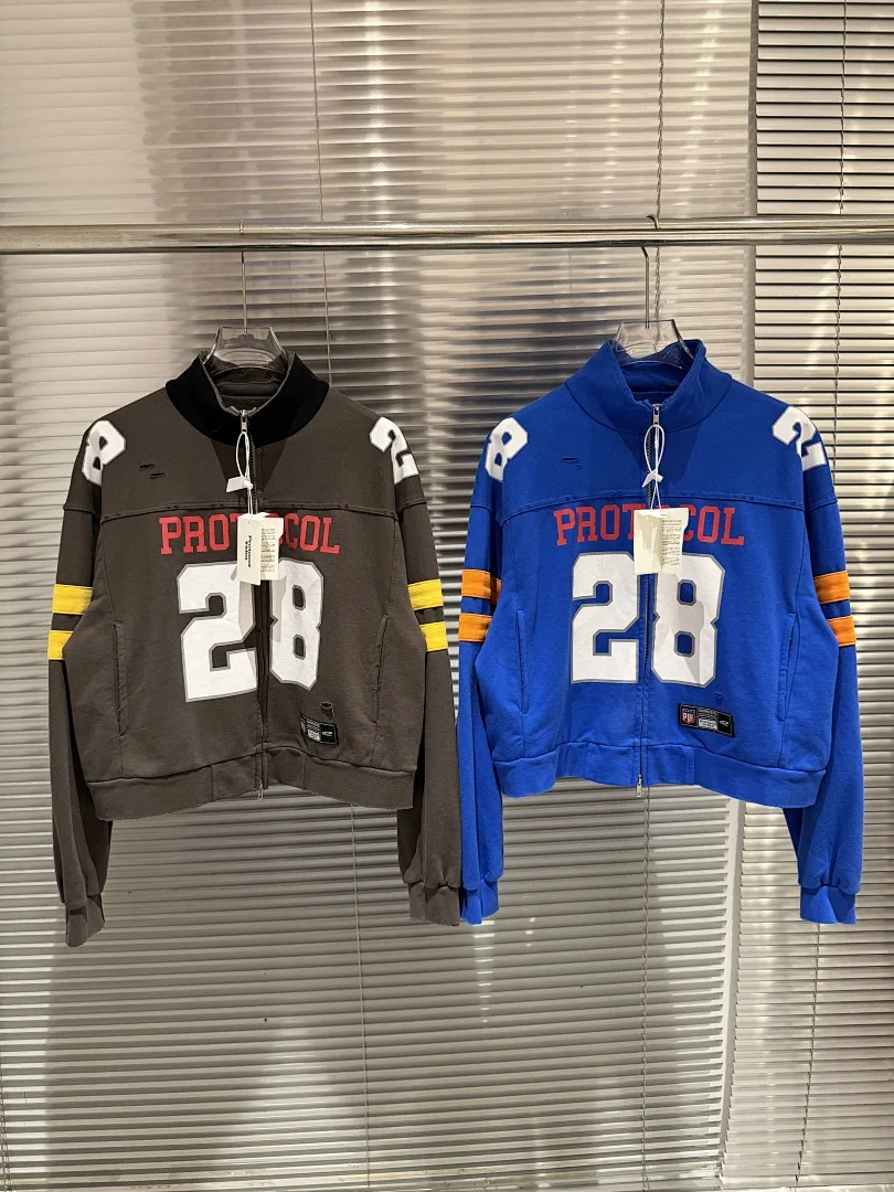 

Fashion Brand Distressed Washed Zip-Up Jacket Football Jersey Style Embroidery Stand Collar Sweatshirt Unisex Outerwear