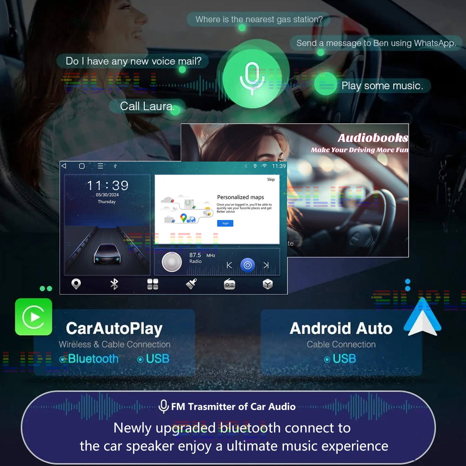 Universal Multimedia Car Radio, Apple Carplay, Android Auto, WiFi Video Player, Câmera sem fio, Bluetooth, FM, AUX, 10,26 na tela