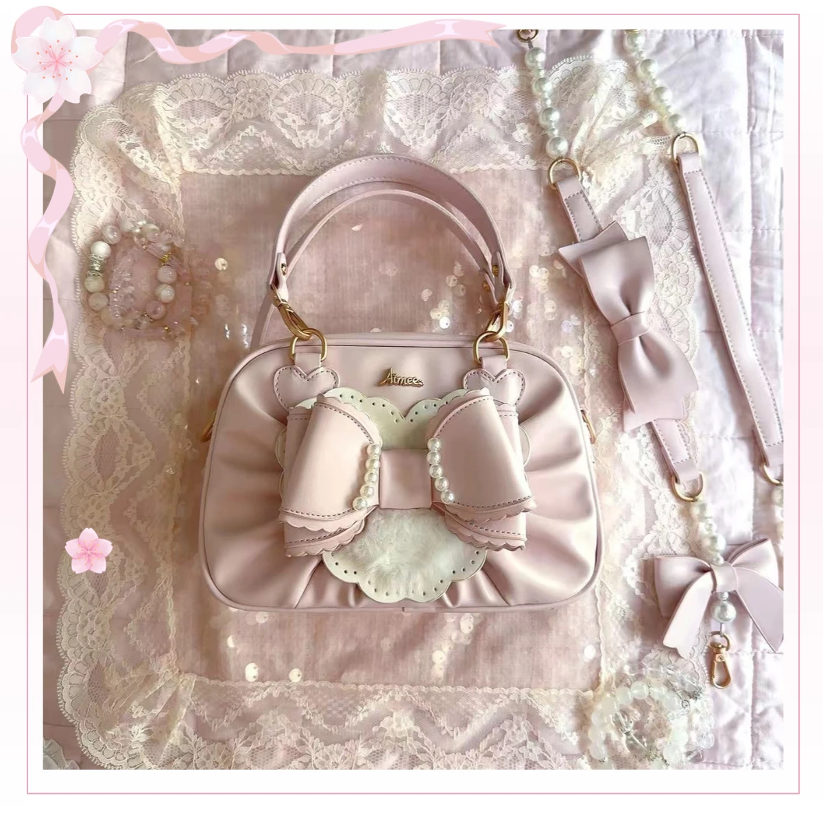 

Japanese Original Sweet Cute Girl Pink Ancient Feeling Lolita Bow Pearl Handbag Oblique Span Portable Multi-purpose Women's Bag