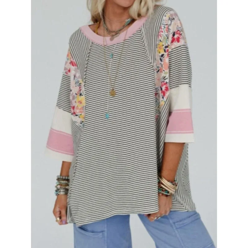 Camisetas de talla grande 1XL-5XL para mujer, jerséis sexys de manga 3/4 a la moda, camiseta holgada informal con rayas de flores y cuello redondo para mujer