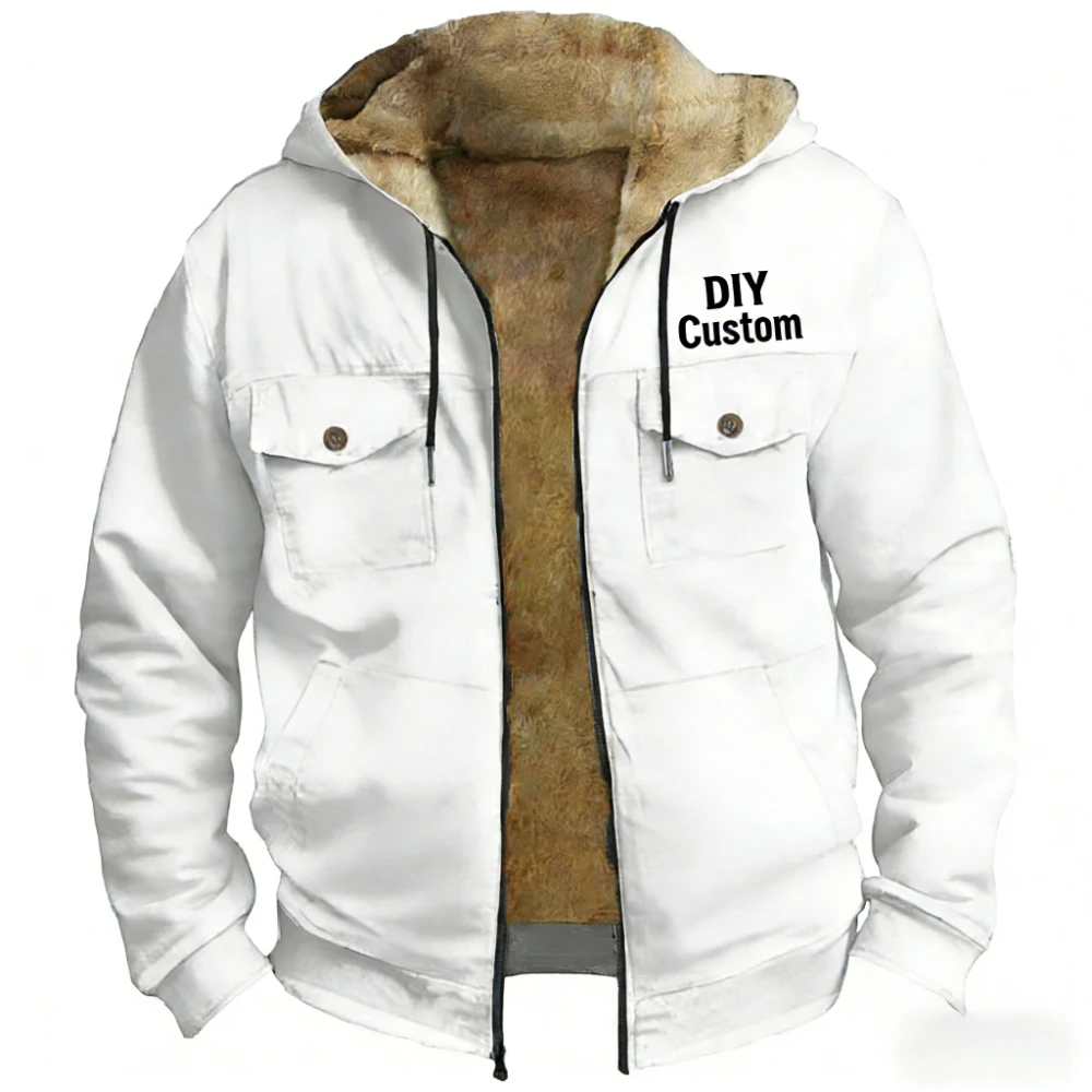 

DIY Custom Fleece Lined Hooded Jacket Winter Print Zip-up Coat Long Sleeve Warm Pockets Loose Fit Casual Men Outerwear