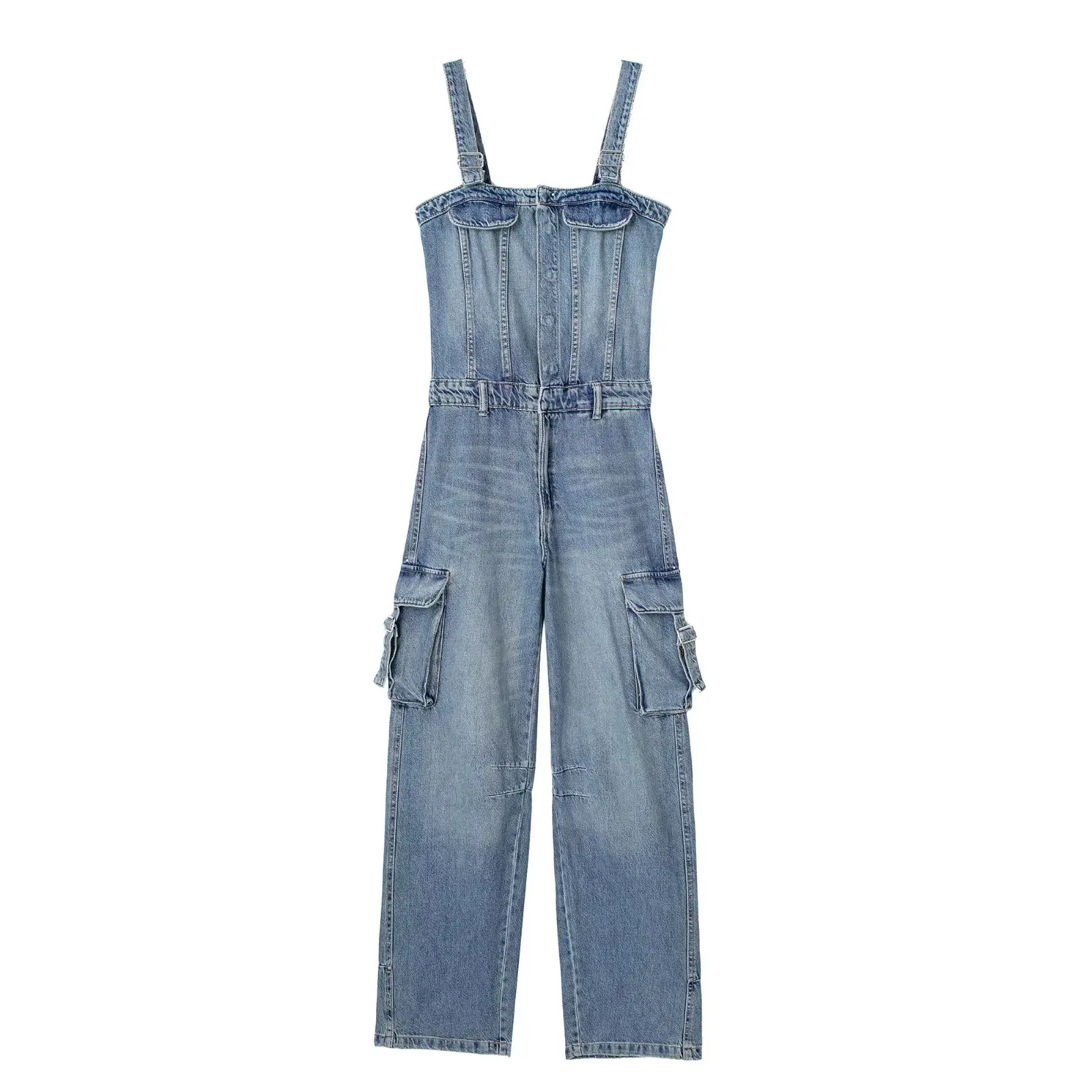 

Women's Denim Strap Overalls Spring Autumn New High Waist Multiple Pockets Loose Jumpsuits Fashion Streetwear Cowgirl Strap Pant