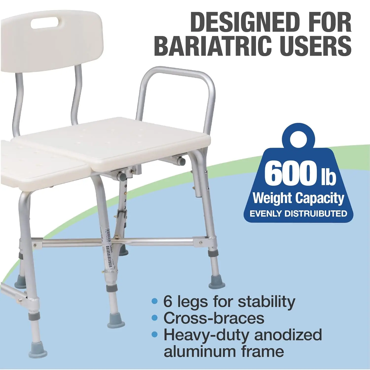 Lumex Bariatric Tub Transfer Bench Bathtub & Shower Chair Holds 600 Pounds Height-Adjustable Extra-Wide Seat