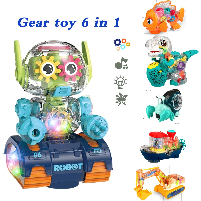 Electric Transparent Gear Excavator Toy Car Music Lighting Dinosaur  Robot Mermaid Swan Boys Girls Birthday Christmas Gift