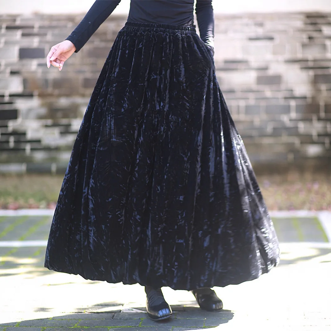 

Warm Chinese Style Tie-dye Ink Painting Velvet Midi Skirt, Full Skirt Versatile Retro Style