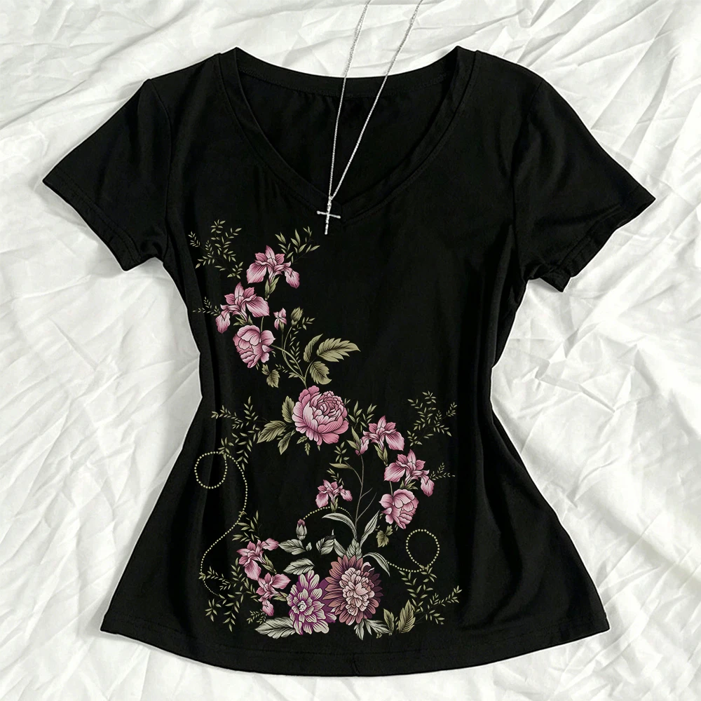 Autumn new basic slim fit V-neck basic shirt top, printed long sleeved women's T-shirt
