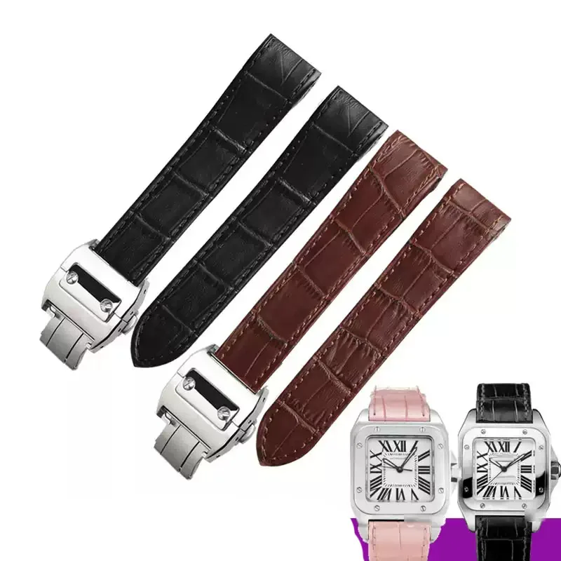 

High-end Genuine Leather watch strap 20mm 23mm for cartier Santos strap Santos 100 men's and women's folding clasp watchband