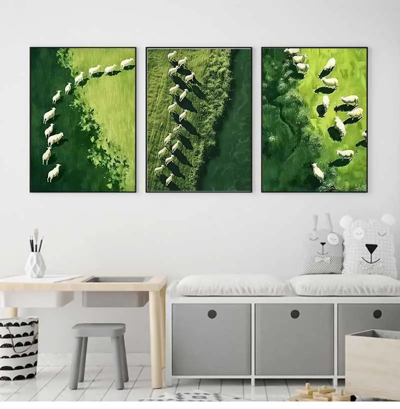 Modern Minimalist Pastoral Frameless Canvas Poster, Green Background with Sheep Herd, Wall Mural for Home Decor