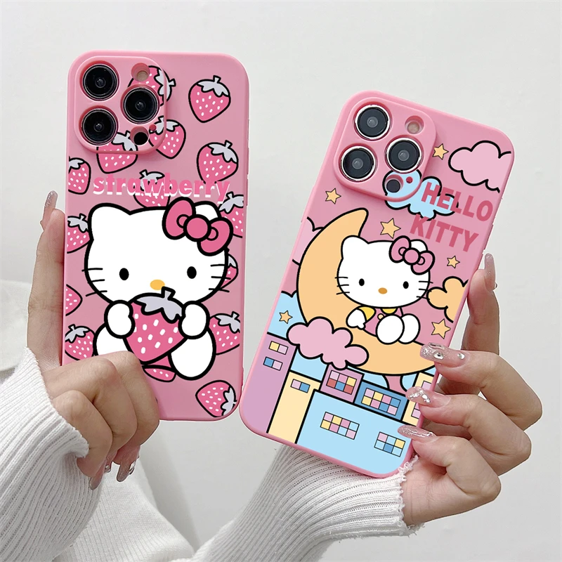 For iPhone 16 promax 15 14 Plus 13 12 11 Pro Max Mini Kitty Phone Case Cartoon Soft Kawayi Cute Hello KT Silicone Cover Fundas