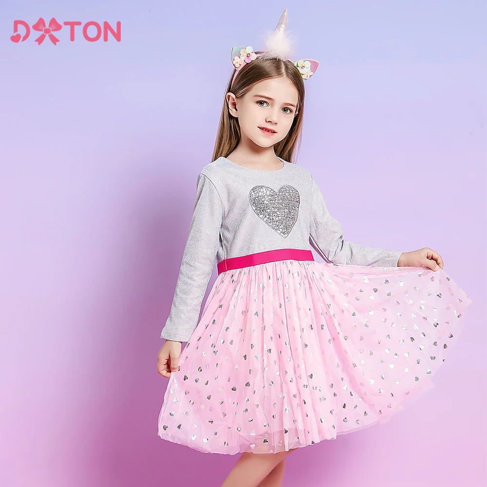 DXTON Long Sleeve Baby Girls Dresses Sequin Heart Printed Mesh Princess Dress Elegant Birthday Party Clothing Winter Kids Dress