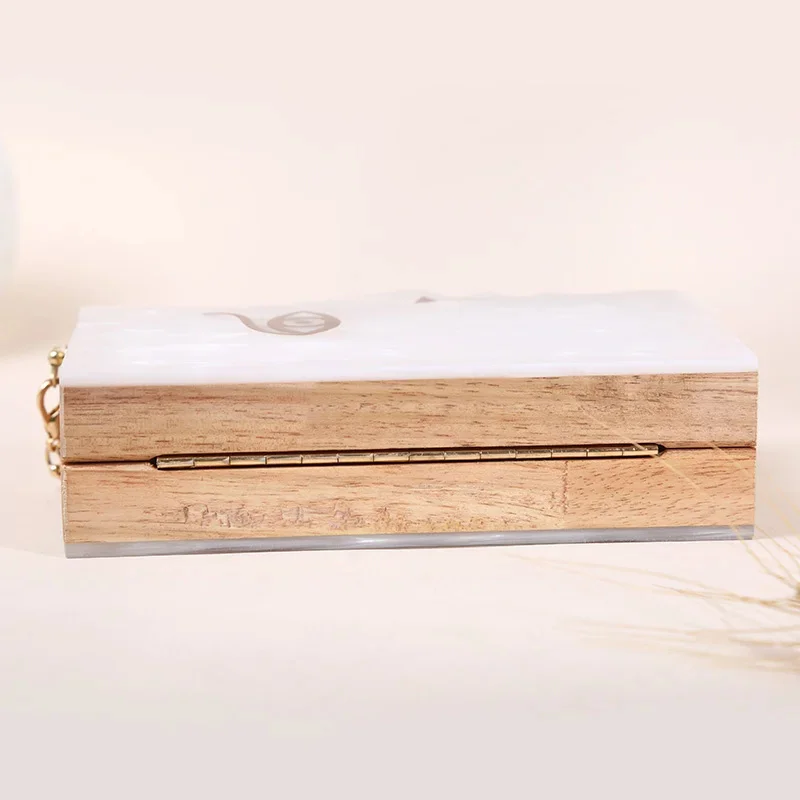 2024 Wood Personality Splicing White Acrylic Retro Unique Half Face Hard Box Evening Bag Ridesmaid Handbag Luxury Clutch Purses