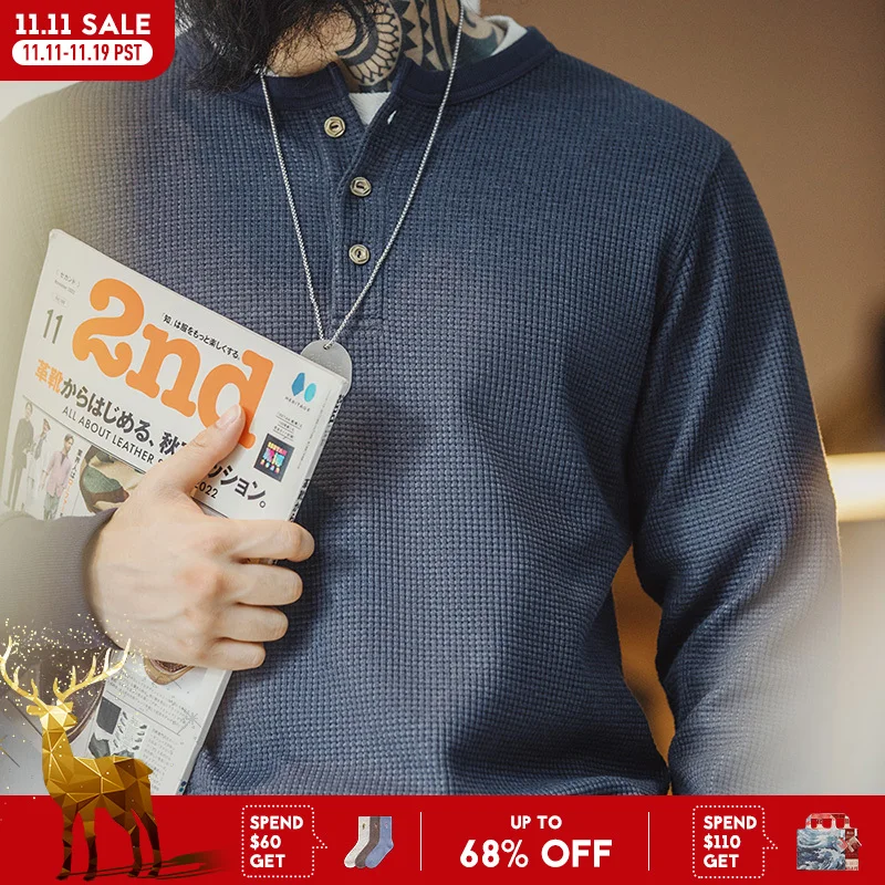 

Винтажная темно-синяя вафельная рубашка на пуговицах Maden для мужчин, облегающие футболки с длинными рукавами, весенний вязаный свитер, футболка с круглым вырезом