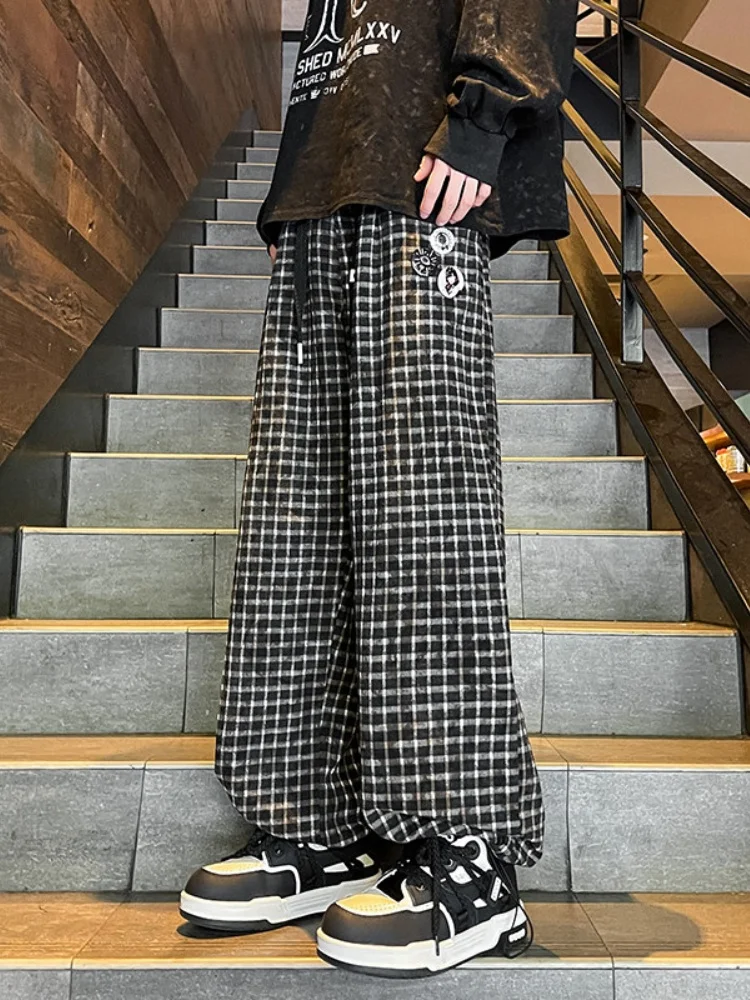 

Laid-ba Plaid Pants Loose Straight Casual Men's Trousers High Street Sle Spring Autumn American Retro Leisure Pants