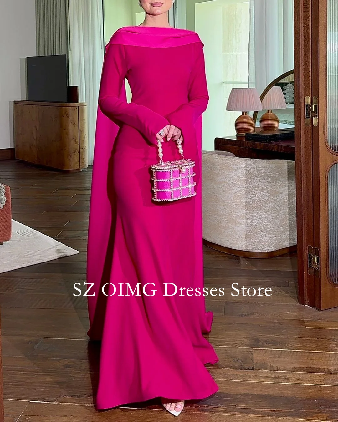 OIMG Saudi Arabia Crepe Satin Prom Dresses Boat Neck Dress Hot Pink Pearls Dress Formal Women Wedding Party Gowns