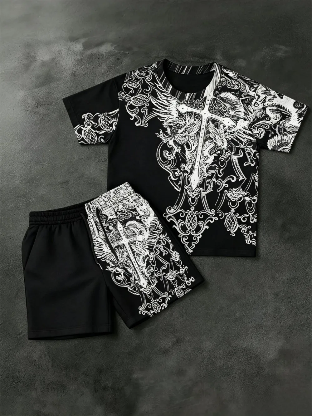 Nueva camiseta de verano para hombre con estampado de alas de ángel, cómoda y transpirable, con cuello redondo, conjunto de pantalones cortos con cordón, ropa de calle para exteriores