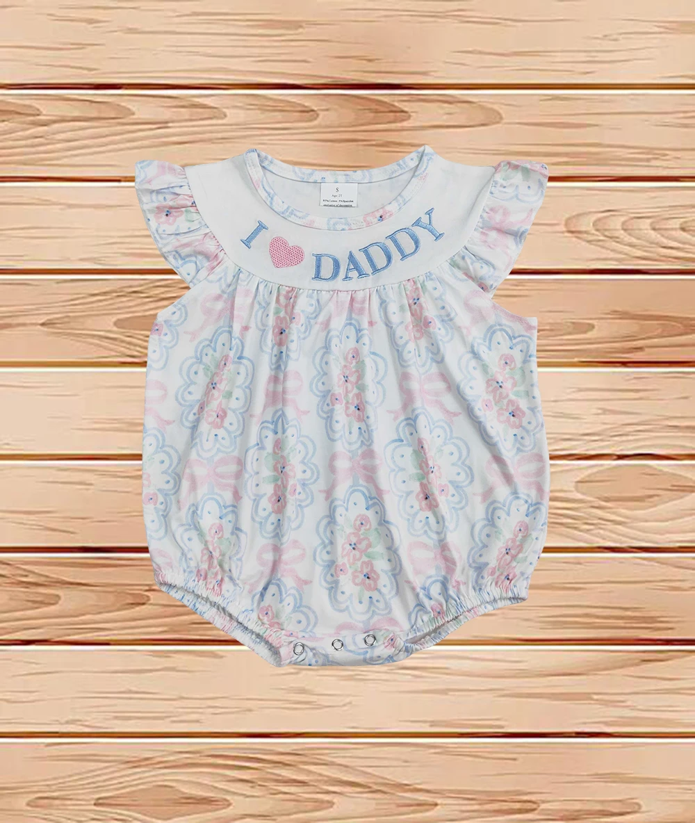 

4.1 Wholesale western boutique onesies Newborn toddler Embroidery Baby Infant Girls Bows Floral I LOVE DADDY Ruffle Rompers