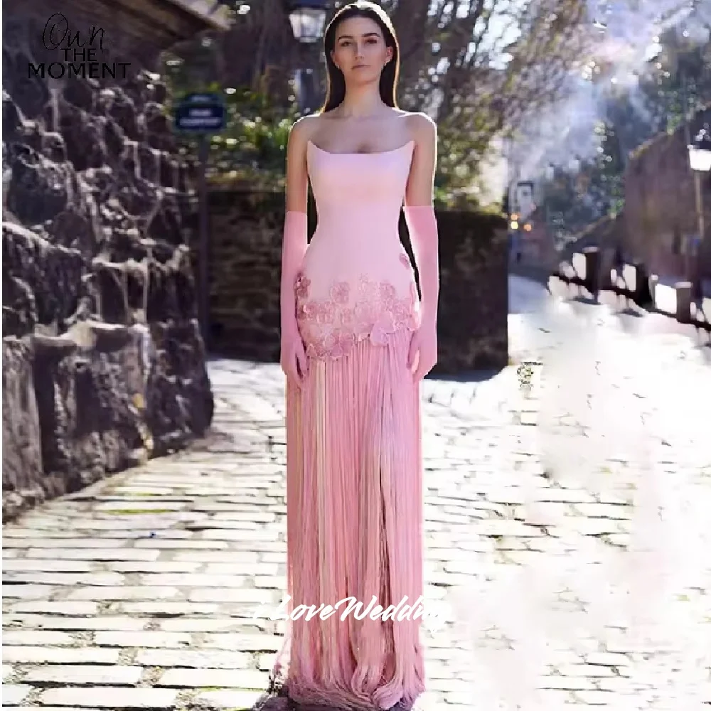 

Pink 3D Flower Strapless Prom Dresses Sleeveless Backless Long Tassel Mermaid Floor-Length Pleated Saudi Arabia Dubai Customized