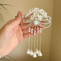 Daily Fashion White Flower Hairpins Ponytail Holder for Women Floral Pendant Headpieces Elegant Pearls Hair Jewelry Accessories