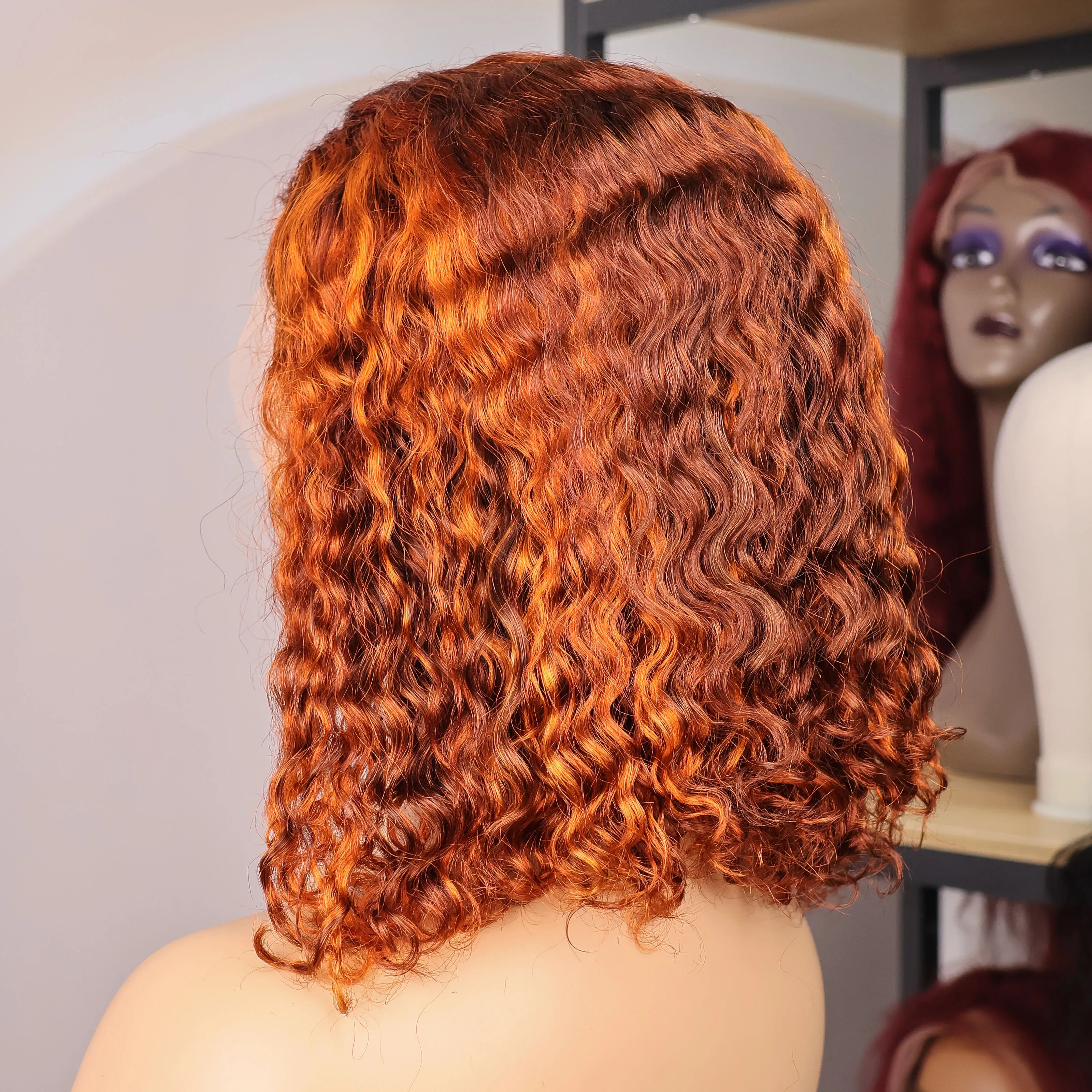 

4/350 Highlight Short Bob Curly Wigs Brazilian Brown Ginger Orange Water Wave 13x4 Full Lace Frontal Human Hair Wigs For Women