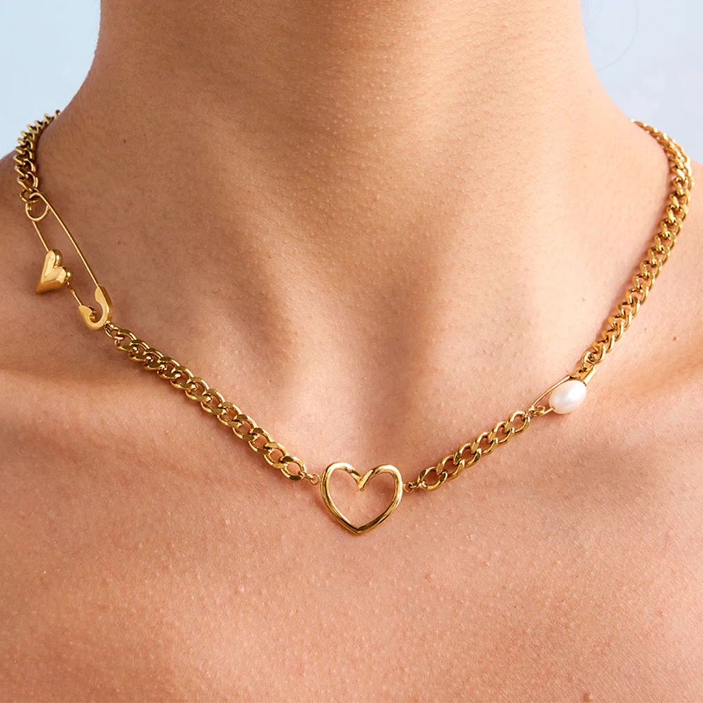 

AIKOER Minimalist 18K Gold Color Plated Stainless Steel Freshwater Pearl Paper Clip Necklace Heart shaped Hollow Chain Stackable