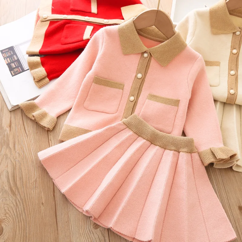 Little Girl Sweater Set 2023 Fall Winter New Korean Fashion Long Sleeve Top+Pleated Skirt Toddler Girls Sweater Fall Clothes