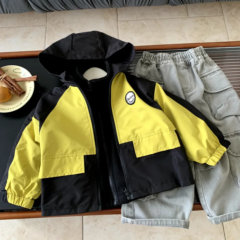 

Boys Windbreaker 2025 Autumn Spring Fashion Trendy Cool Patchwork Outwear Hooded Windproof Waterproof Jacket Coats Two Piece Set