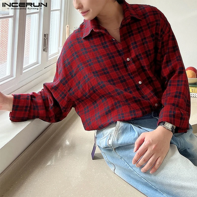 INCERUN Tops 2024 Koreaanse Stijl Mode mannen Plaid Patroon Ontwerp Shirts Casual Streetwear Mannelijke Revers Lange Mouwen Blouse S-5XL