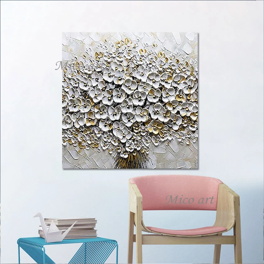 Large Palette Knife Paintings Abstract Art White Thick Acrylic Design Wall Picture Decor Frameless Flowers Painting On Canvas