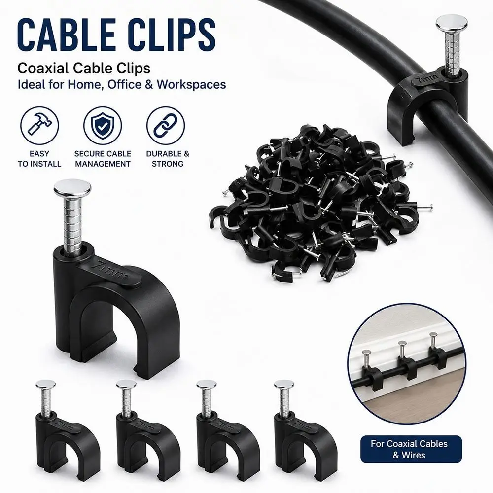 100Pcs/Set 4-16mm Round Cable Wire Clips Plastic Metal Black Cable Tacks Steel Nails Wall Mountable Cord Holder Clips