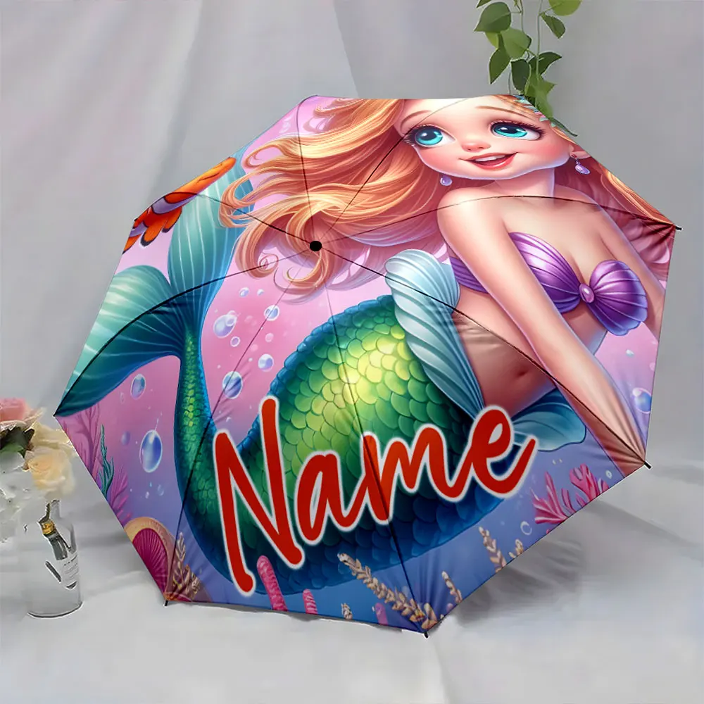 Custom Name Umbrella Colorful Mermaid and Fish Umbrella Design Print 8 Iron Ribs Folding Umbrella Auto-Open Fashion Sunshade
