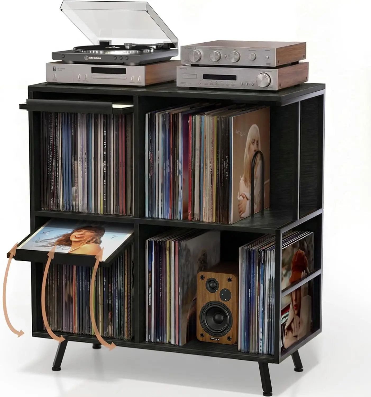 3 Tier Flip Top Record Player Stand, Vinyl Record Storage Holds up to 300+ Albums, Large Record Player Cabinet, Vintage Turntabl