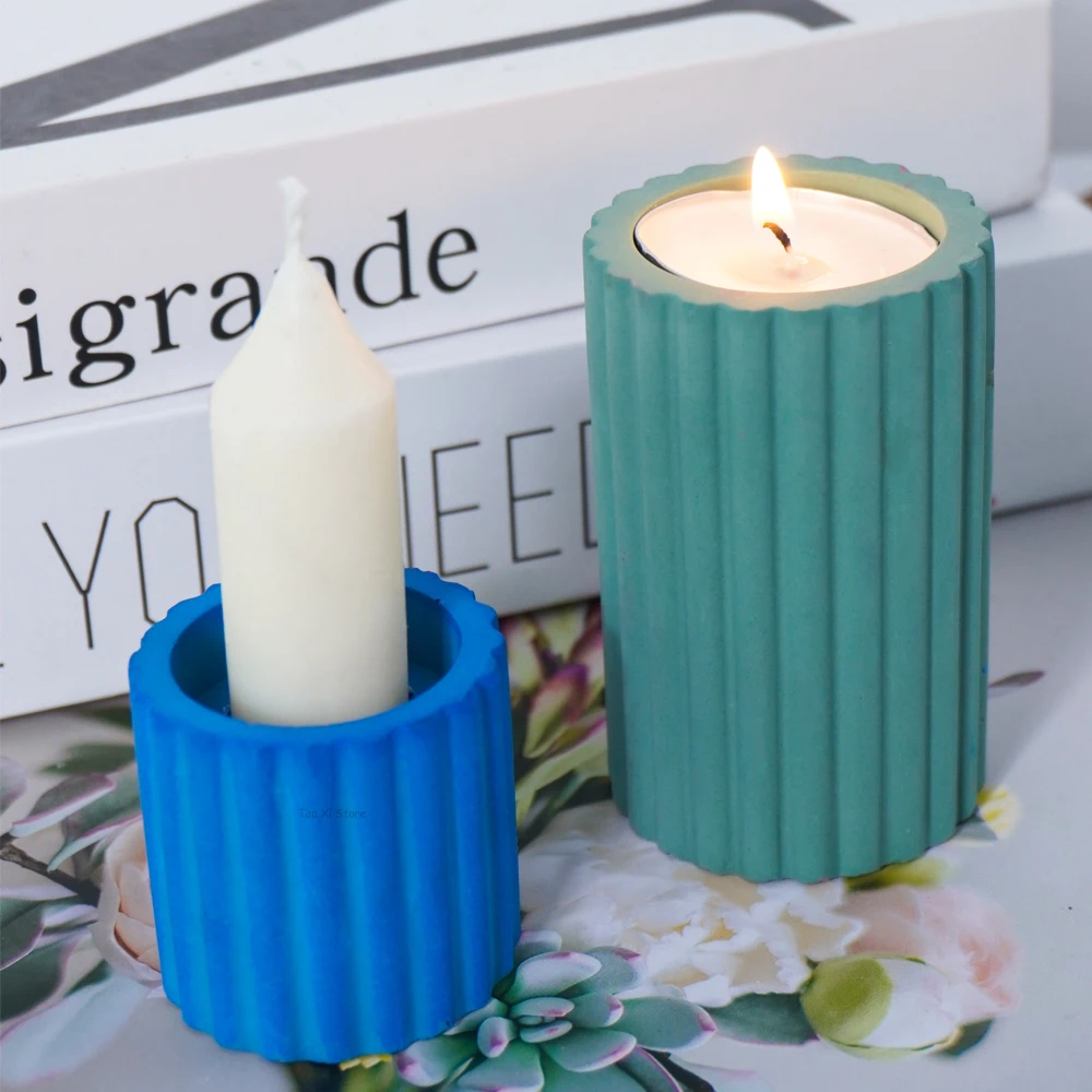 Cylindrical Striped Candle Holder Silicone Mold DIY Round Candlestick Crafts Making Plaster Concrete Resin Molds Home Decoration